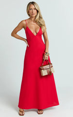 Hinata Maxi Dress - Linen Blend Slip Dress in Red