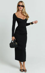 Naya Midi Dress - Long Sleeve Sweetheart Neck Bodycon Dress in Black