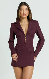 Lawrence Mini Dress - Workwear Hook And Eye Front Fit And Flare Blazer Dress in Wine