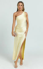 Isla Maxi Dress - Satin One Shoulder Side Split Dress in Lemon