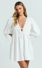 Rosita Mini Dress - Tie Front Puff Sleeve Dress in White