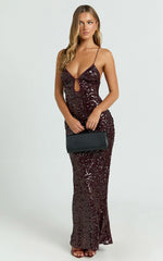 Finn Maxi Dress - Plunge Neck Sheer Sequin Slip Dress in Wine