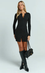 Nikola Mini Dress - Long Sleeve Placket Front Bodycon Dress in Black