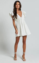 Raiza Mini Dress - Ruffle Sleeve Tie Back Plunge Dress in Off White