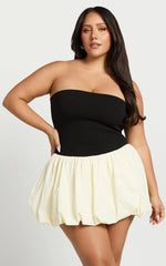 Harley Mini Dress - Strapless Drop Waist Bubble Hem Contrast Dress in White/Black