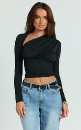 Hillary Top - Asymmetric Ruched Side Jersey Top in Black