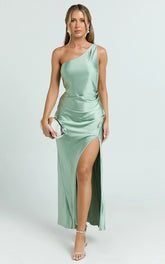 Isla Maxi Dress - Satin One Shoulder Side Split Dress in Sage