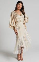 Harlen Midi Dress - V Neck 3/4 Sleeve Asymmetric Fringe Hem Wrap Dress in Champagne