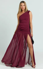 Behati Maxi Dress - One Shoulder Cut Out Fit And Flare Dress in Wine