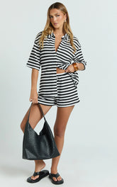 Brenda Short - Textured Stripe Short in White/Black Stripe