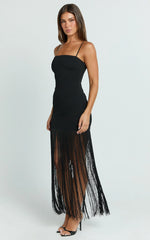 Evie Maxi Dress - Crepe Fringed Shift Dress in Black