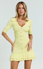 Mischa Mini Dress - Collared Short Sleeve Fit And Flare Knitted Dress in Lemon