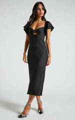 Emberlynn Midi Dress - Flutter Sleeve Cut Out Satin Dress in Black