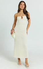 Blaire Midi Dress - Strappy Ruched Front Column Fitted Textured Jersey Dress in Off White