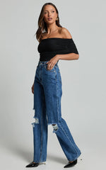 Miho Jeans - High Waisted Recycled Cotton Distressed Straight Leg Denim Jeans in Dark Blue Wash