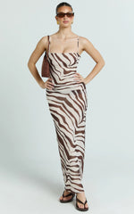 Gwendolyn Maxi Dress - Zebra Bias Spaghetti Strap Dress in Choc Zebra