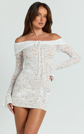 Marielle Mini Dress - Lace Off Shoulder Bodycon Dress in Ivory