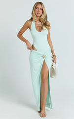 Nerissa Midi Skirt - Jewelled Trim Twist Leg Split Skirt in Mint