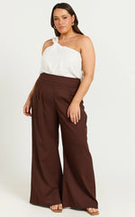 Alina Pants - Linen High Waisted Wide Leg Relaxed Pants in Chocolate