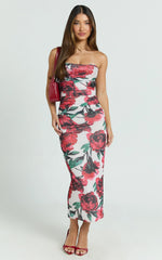 Enid Midi Dress - Sweetheart Neck Ruched Bodycon Dress in Rose Blanca