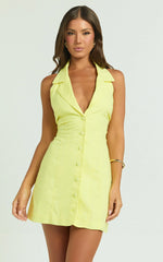 Sammie Mini Dress - Backless Halter Neck Linen Dress in Lemon