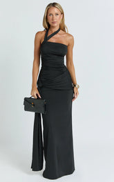 Ginny Maxi Dress - Asymmetric Neck Waist Tie Dress in Black