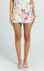 Mikayla Mini Linen Blend Skirt - Fitted Wrap Tie Front Skirt in Pomodoro Paradise Print