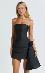 Ada Mini Dress - Strapless Rosette Draped Waist Dress in Black
