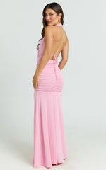 Eden Maxi Dress - Plunge Halter Neck Cut Out Bodycon Dress in Pink