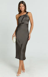 Aria Midi Dress - One Shoulder Twist Detail Satin Bias Cut Dress in Espresso