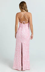 Clara Maxi Dress - Scoop Neck Tie Back Fitted Sequin Dress in Pink