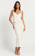 Polly Midi Skirt - Linen Low Waisted Front Bow Slip Skirt in Stone