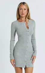 Nikola Mini Dress - Long Sleeve Placket Front Bodycon Dress in Grey Marle
