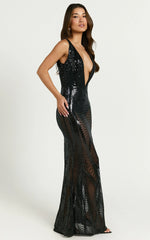 Bibi Maxi Dress - Sequin Plunge Neck Low Back Dress in Black