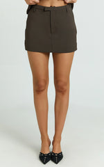 Lorena Mini Skirt - High Waisted Tailored Skirt in Dark Brown