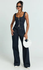 Bellerose Top - Front Zip Denim Fitted Top in Raw Denim with Tobacco Stitch