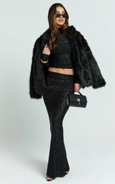 Kathleen Maxi Skirt - Mid Rise Ruched Wide Band Fishtail Jersey Skirt in Black