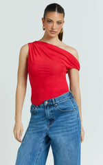 Amaya Top - Off Shoulder Twist Asymmetrical Sleeve Top in Red