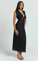 Beatrice Midi Dress - Plunge Neck Tie Cut Out Front Dress in Black
