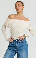 Jaythen Bodysuit - Long Sleeve Off Shoulder Ruched Mesh Bodysuit in Cream