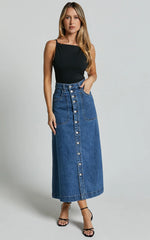 Alisa Midi Skirt - Button Through A Line Denim Skirt in Dark Blue Wash