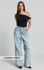 Cate Jeans - Baggy High Waist Ripped Wide Leg Recycled Denim Jeans in Light Blue Wash