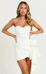 Betsy Mini Dress - Strapless Draped Rose Dress in White