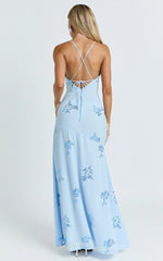Aurora Maxi Dress - Floral Sequin Cowl Neck Dress in Baby Blue