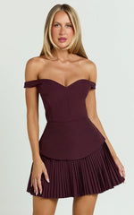 Izara Mini Dress - Off Shoulder Pleated Dress in Wine