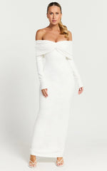 Rani Maxi Dress - Off Shoulder Long Sleeve Bodycon Dress in Off White