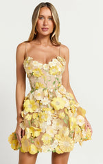 Amalie The Label - Mia Strappy Flower Detail Mini Dress - In Yellow