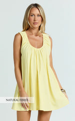 Lucinda Mini Dress - Deep U Gathered Neck Smock Dress in Lemon