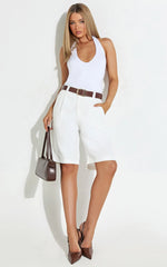 Nola Shorts - Mid Waist Bermuda Relaxed Fit Shorts in White