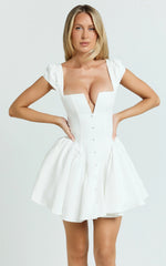 Fabia Mini Dress - Cap Sleeve Square Neck Fit And Flare Dress in White